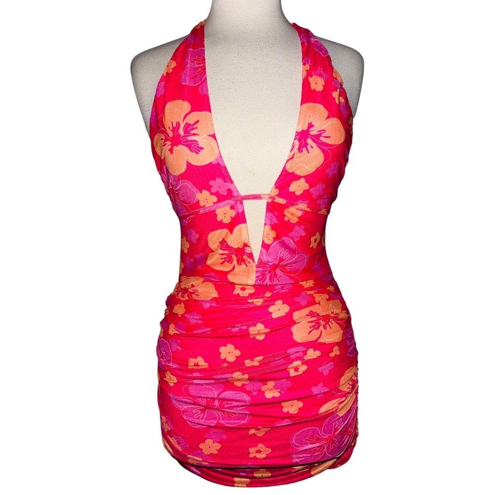 WB5‎ Superdown Pink Floral Halter Mini Dress Ruched Bodycon Plunge Neck S